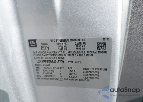 2011 Chevrolet Traverse Ls from USA, damaged, VIN 1GNKRFED9BJ216799